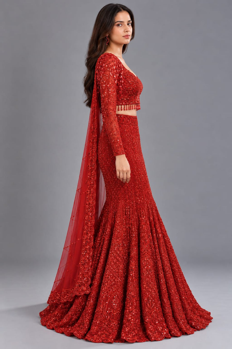 Red Designer Fishcut Lehenga with Sequin Work and Net Dupatta