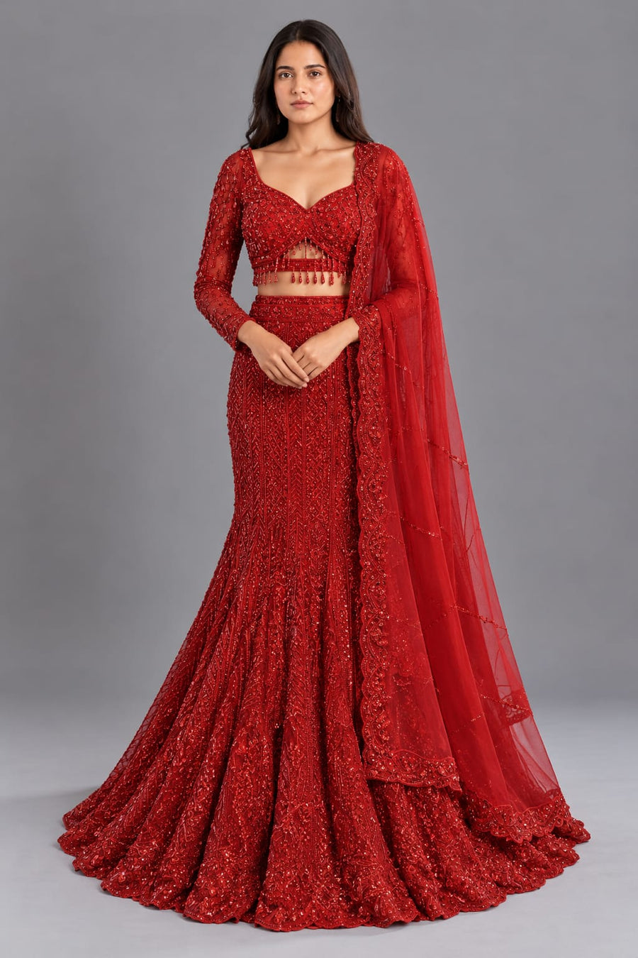 Red Designer Fishcut Lehenga with Sequin Work and Net Dupatta