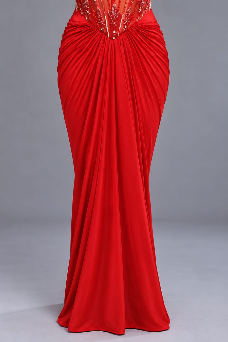 Red Draped Dhoti Skirt with Embellished Halter Neck Corset Blouse