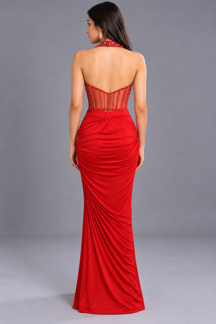 Red Draped Dhoti Skirt with Embellished Halter Neck Corset Blouse