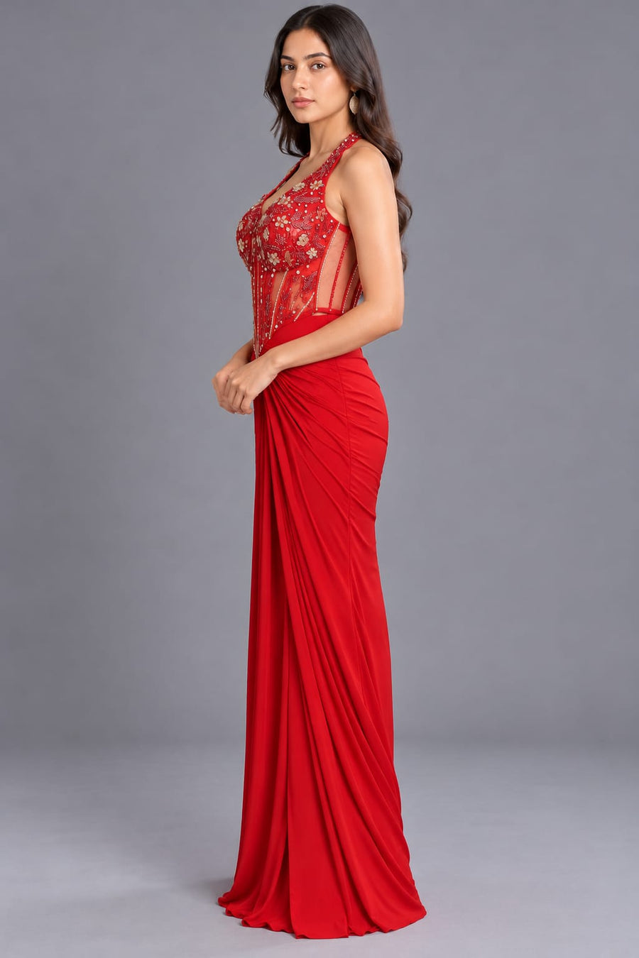 Red Draped Dhoti Skirt with Embellished Halter Neck Corset Blouse