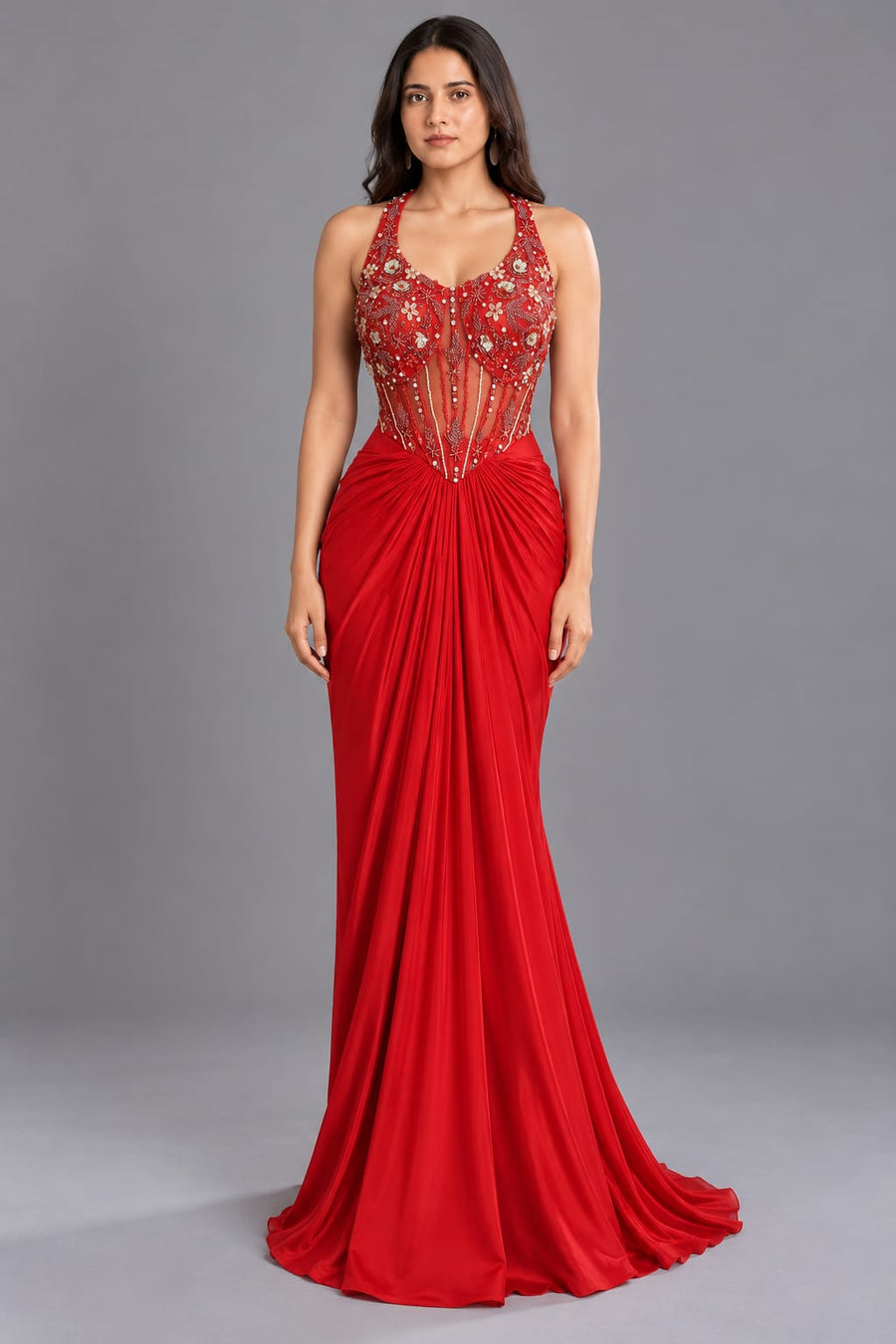 Red Draped Dhoti Skirt with Embellished Halter Neck Corset Blouse