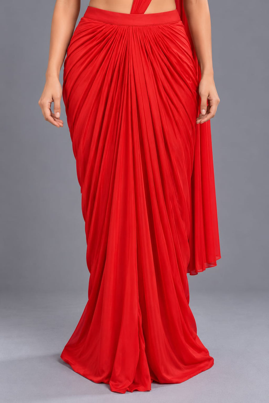 Red Draped Saree with Embroidered Halter Neck Blouse for Party Wear