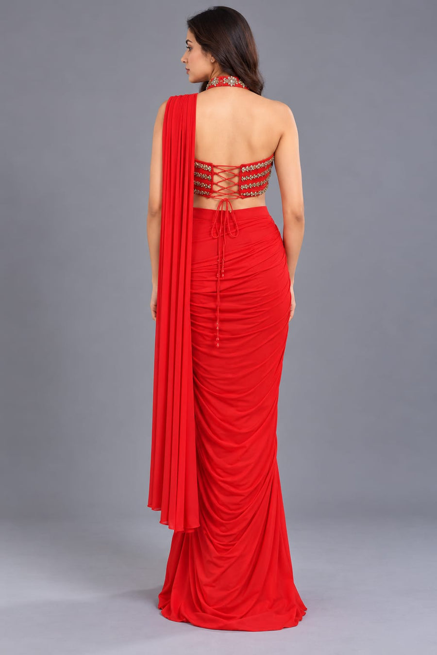 Red Draped Saree with Embroidered Halter Neck Blouse for Party Wear