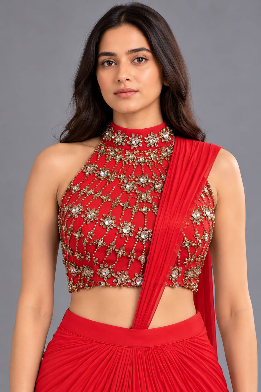 Red Draped Saree with Embroidered Halter Neck Blouse for Party Wear