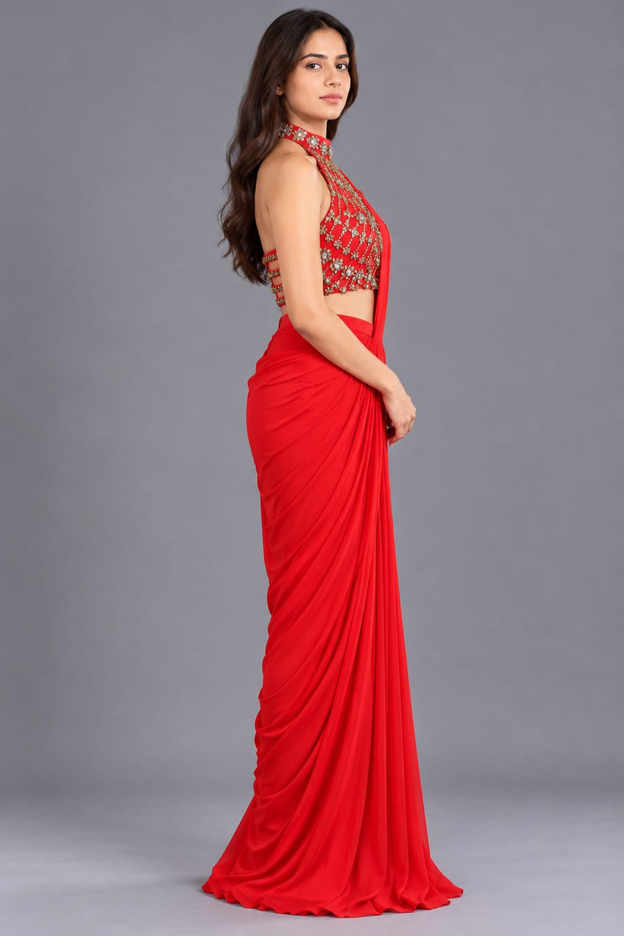 Red Draped Saree with Embroidered Halter Neck Blouse for Party Wear