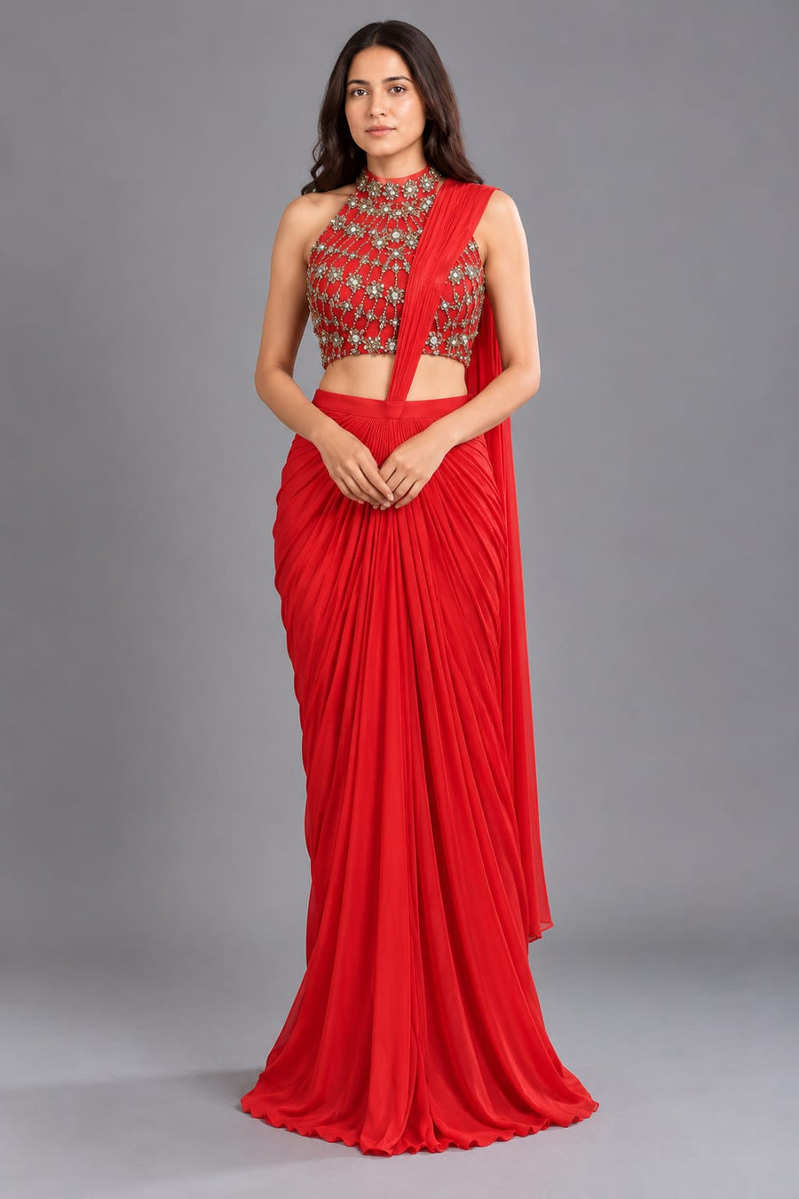 Red Draped Saree with Embroidered Halter Neck Blouse for Party Wear