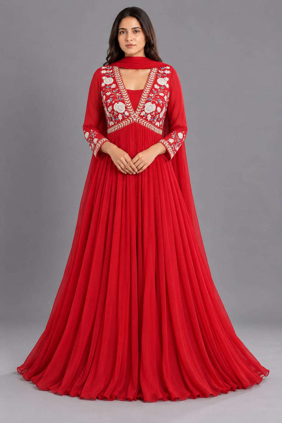 Red Embroidered Anarkali Gown with Dupatta for Women Festive Wear