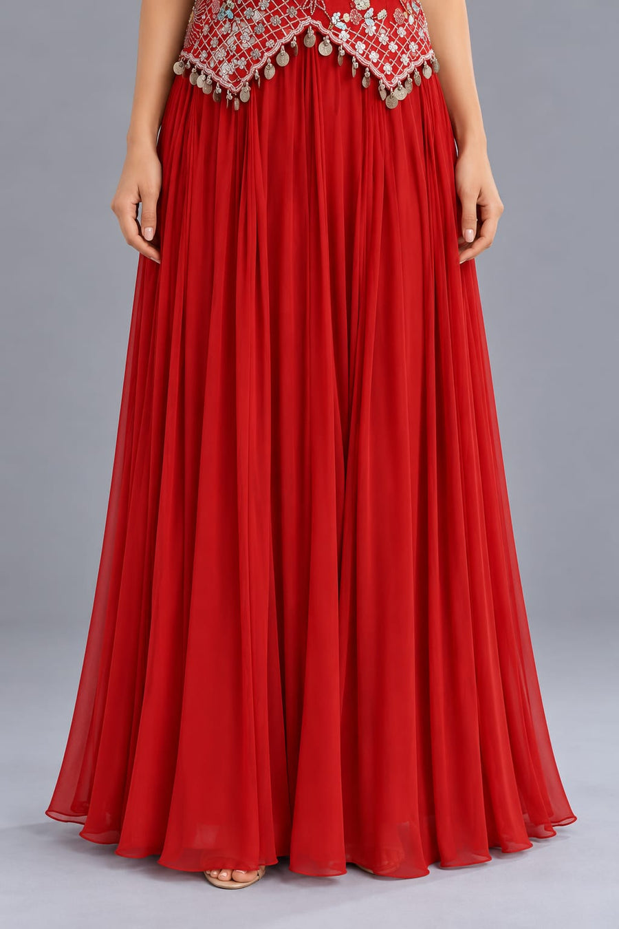 Red Embroidered Anarkali Gown with Floral Work and Coin Tassels