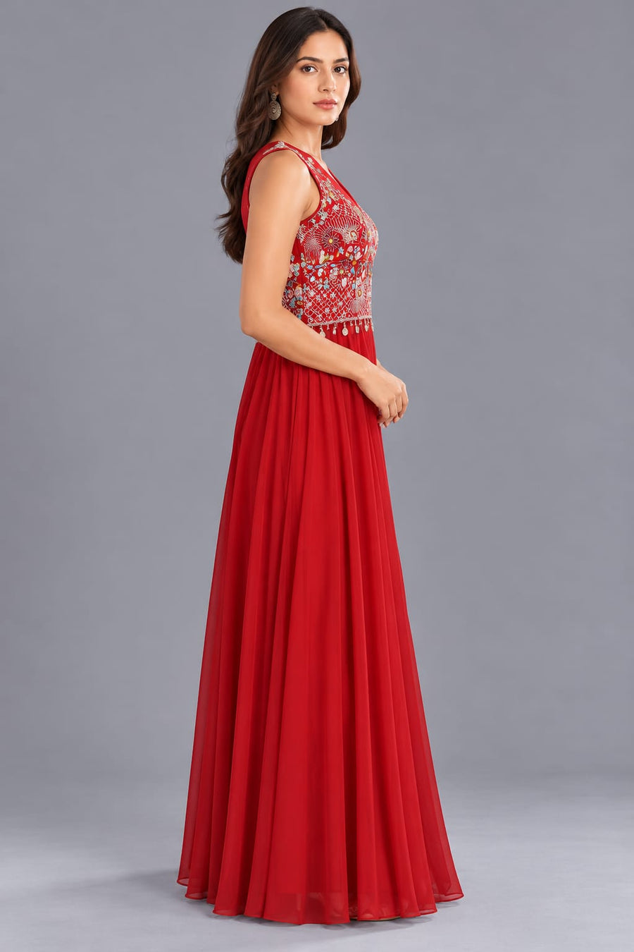 Red Embroidered Anarkali Gown with Floral Work and Coin Tassels