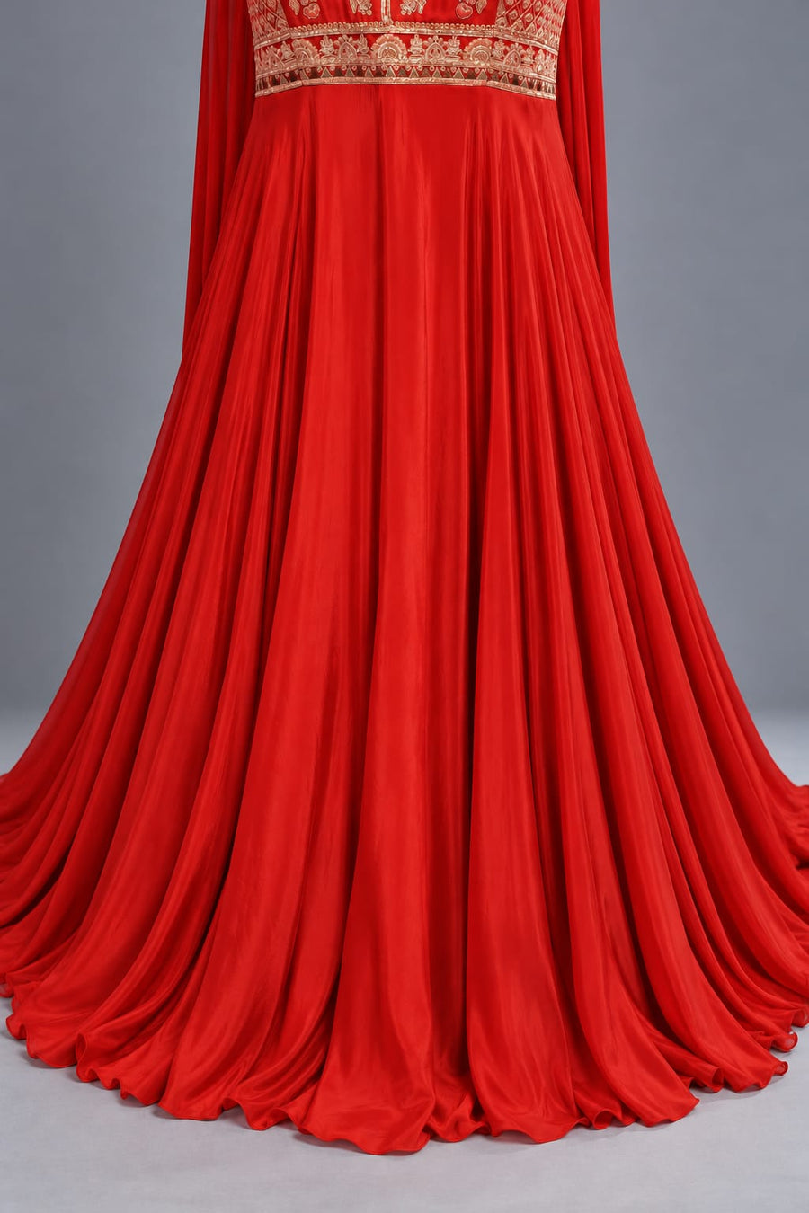 Red Embroidered Anarkali Gown with Choker Dupatta and Flared Silhouette