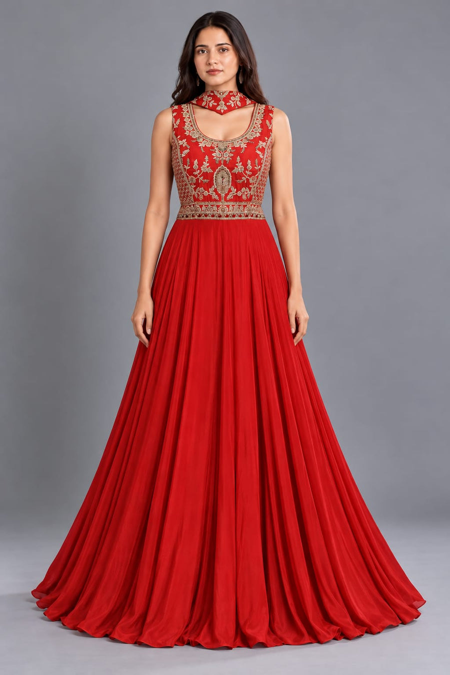 Red Embroidered Anarkali Gown with Choker Dupatta and Flared Silhouette