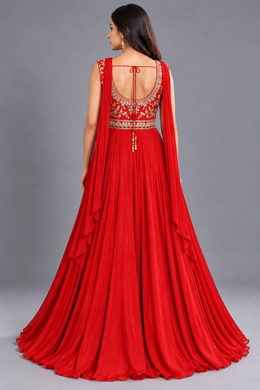 Red Embroidered Anarkali Gown with Choker Dupatta and Flared Silhouette
