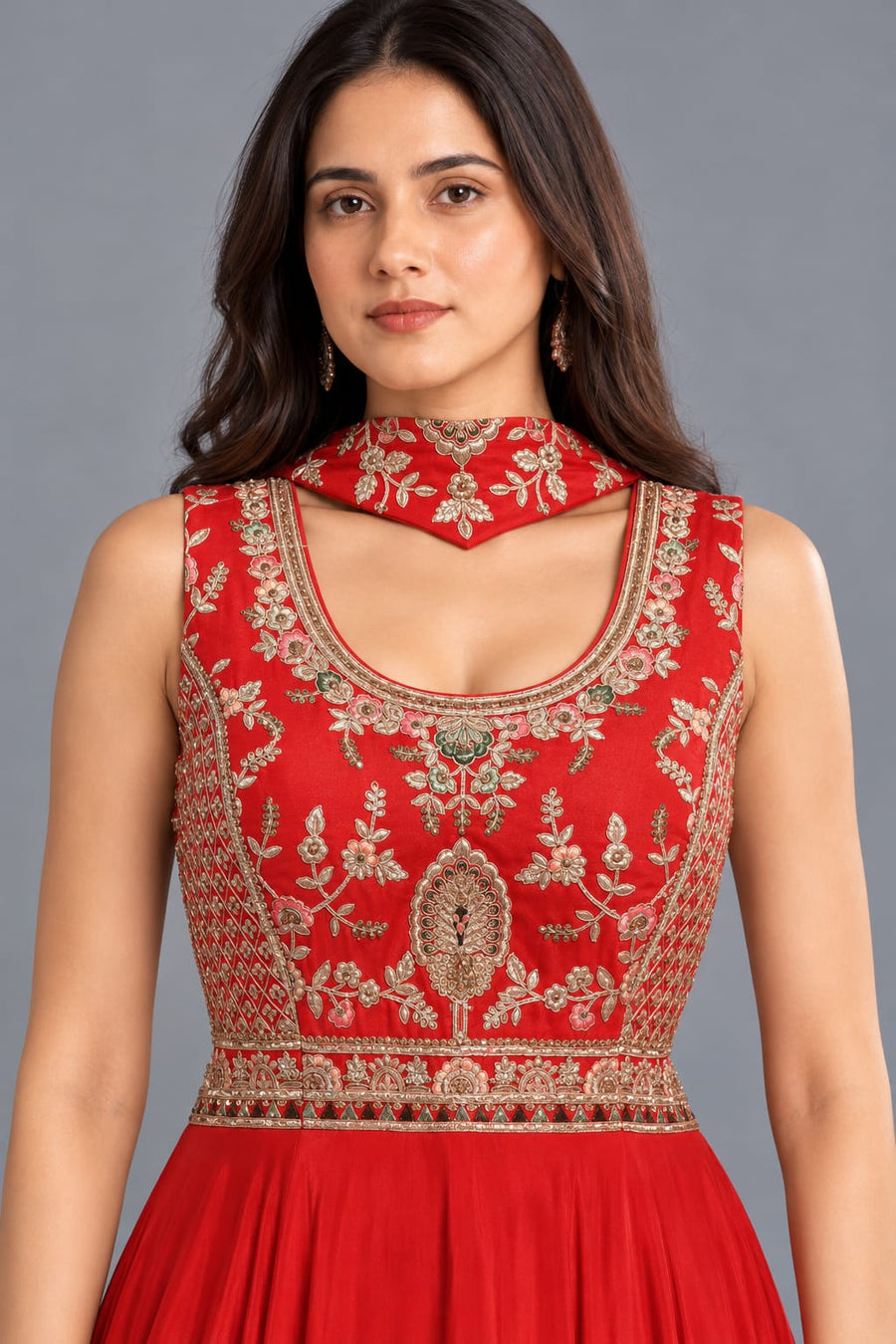 Red Embroidered Anarkali Gown with Choker Dupatta and Flared Silhouette