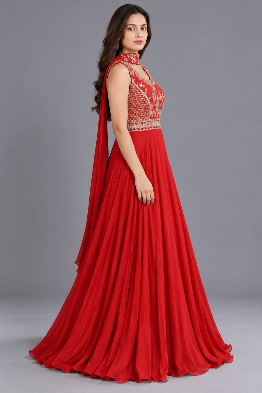 Red Embroidered Anarkali Gown with Choker Dupatta and Flared Silhouette