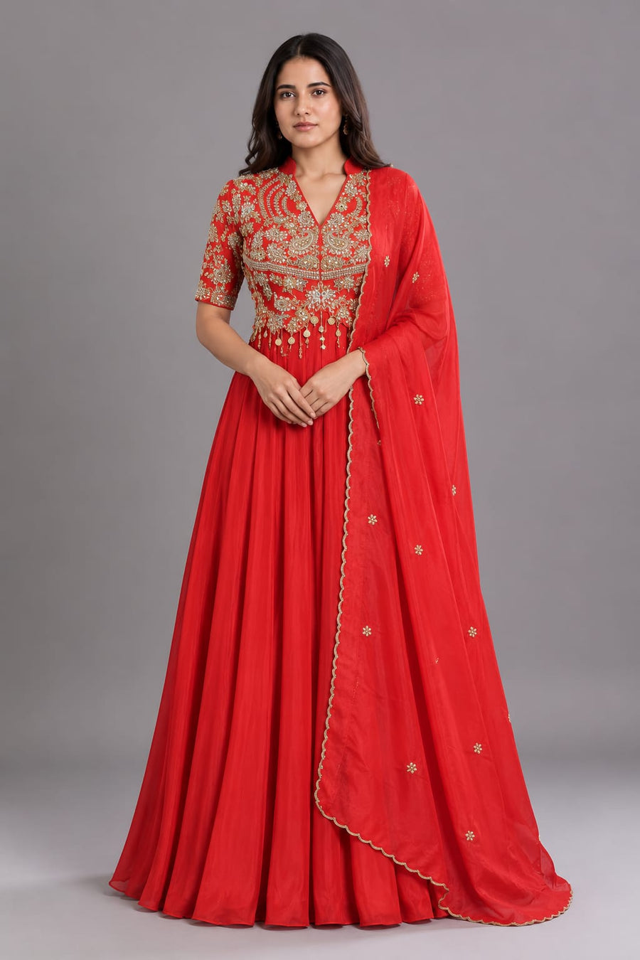 Red Embroidered Anarkali Gown with Dupatta for Women Festive Wear