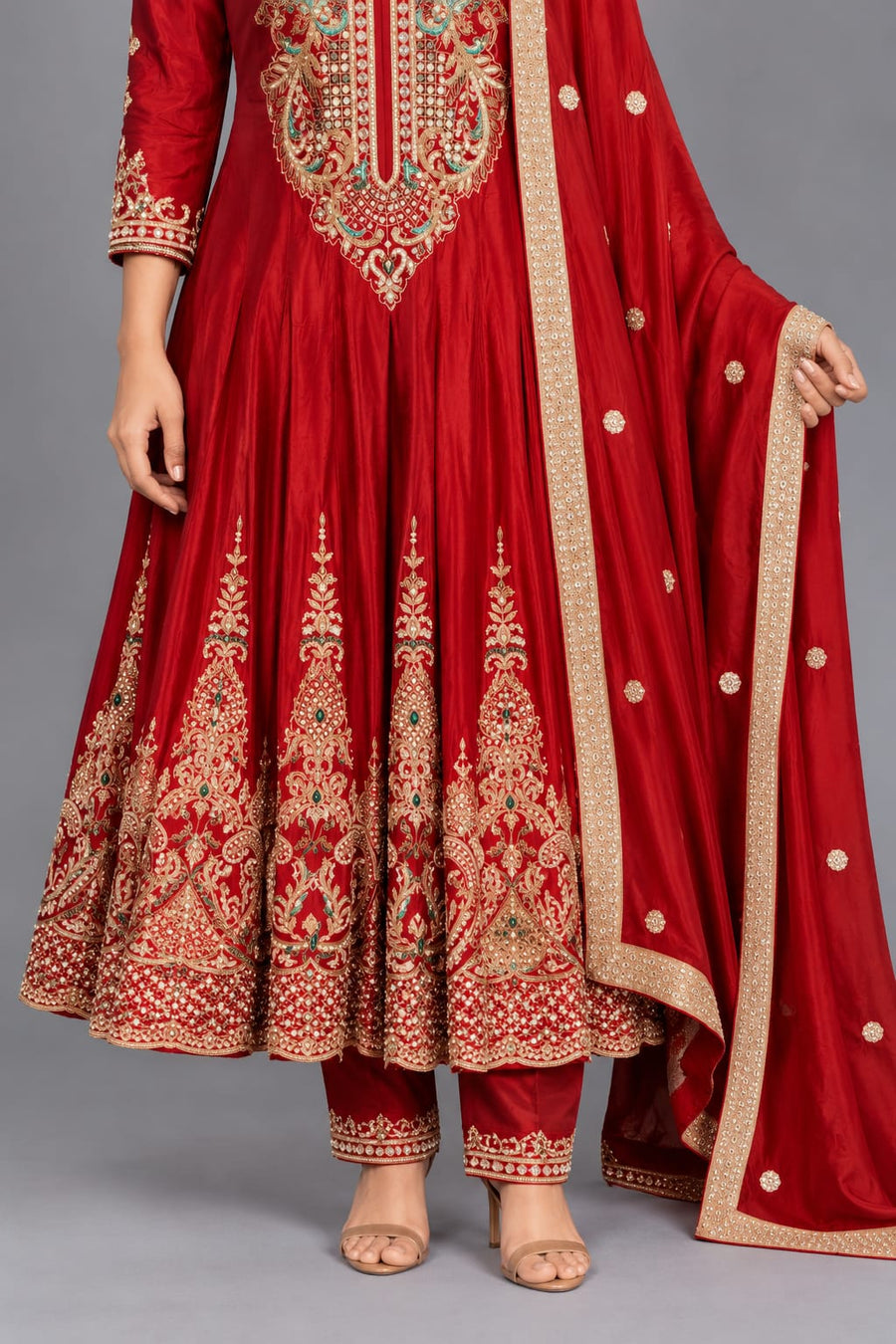 Red Embroidered Anarkali Suit with Matching Pants and Dupatta