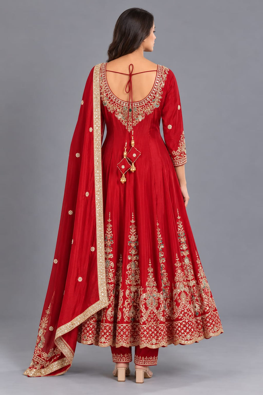 Red Embroidered Anarkali Suit with Matching Pants and Dupatta