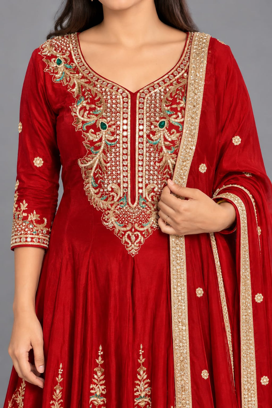 Red Embroidered Anarkali Suit with Matching Pants and Dupatta