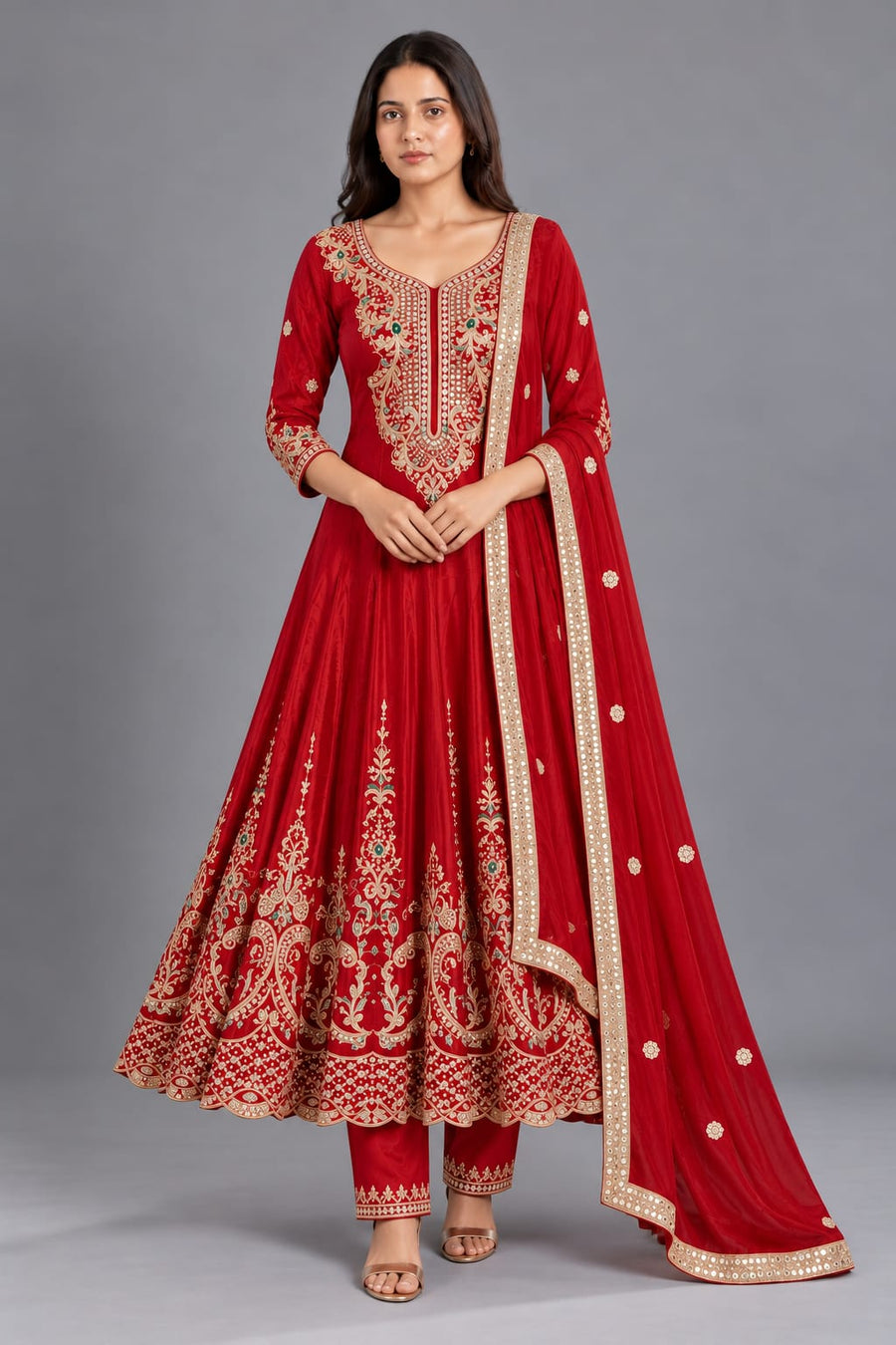Red Embroidered Anarkali Suit with Matching Pants and Dupatta