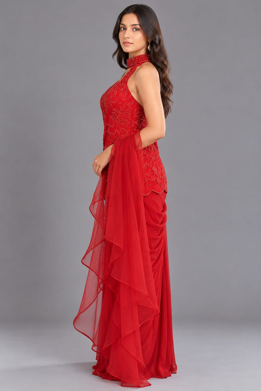 Red Embroidered Dhoti Set with Halter Neck Top & Flowing Drapes
