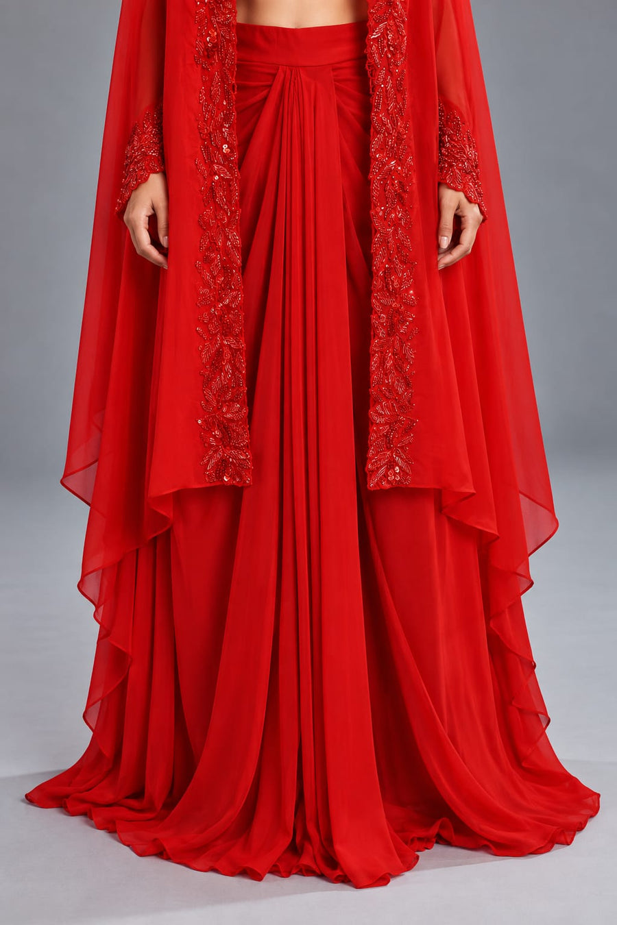 Red Embroidered Dhoti Set with Designer Cape and Crop Top