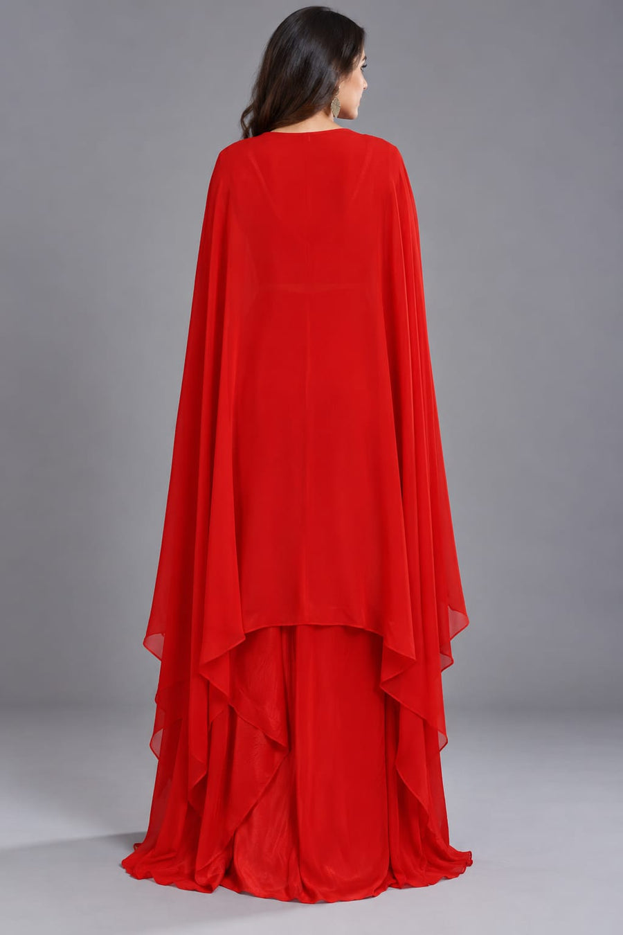 Red Embroidered Dhoti Set with Designer Cape and Crop Top