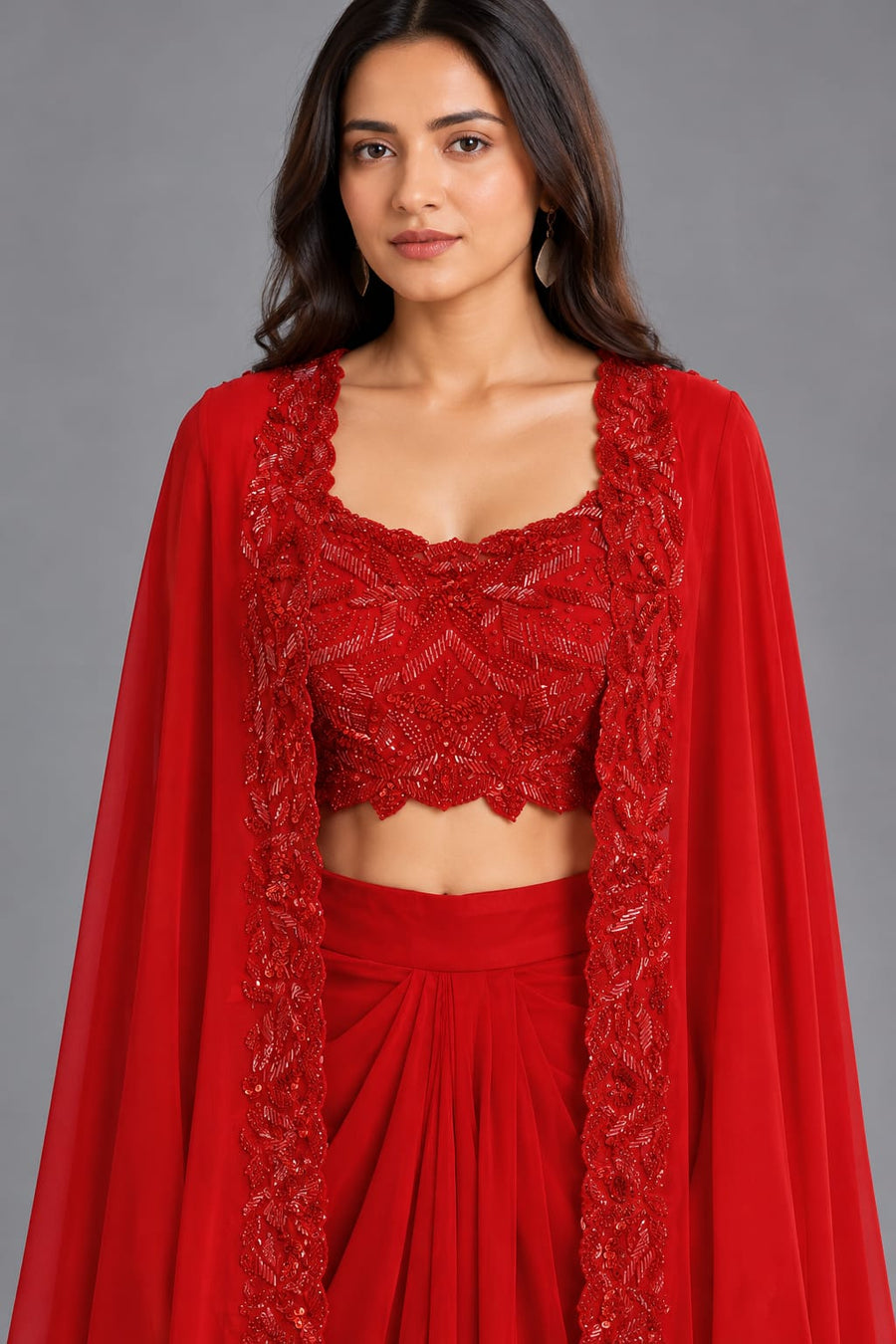 Red Embroidered Dhoti Set with Designer Cape and Crop Top