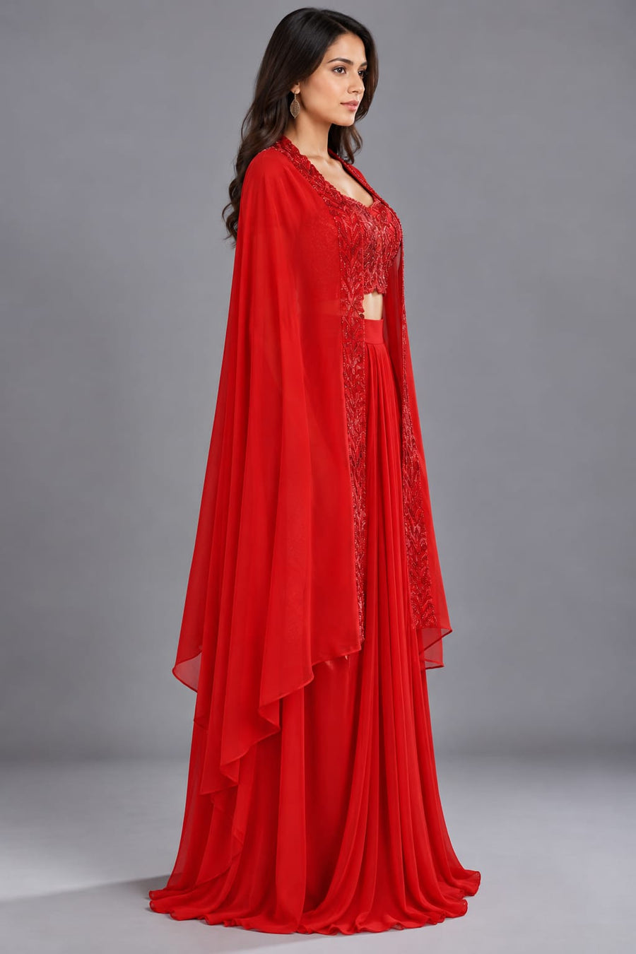 Red Embroidered Dhoti Set with Designer Cape and Crop Top