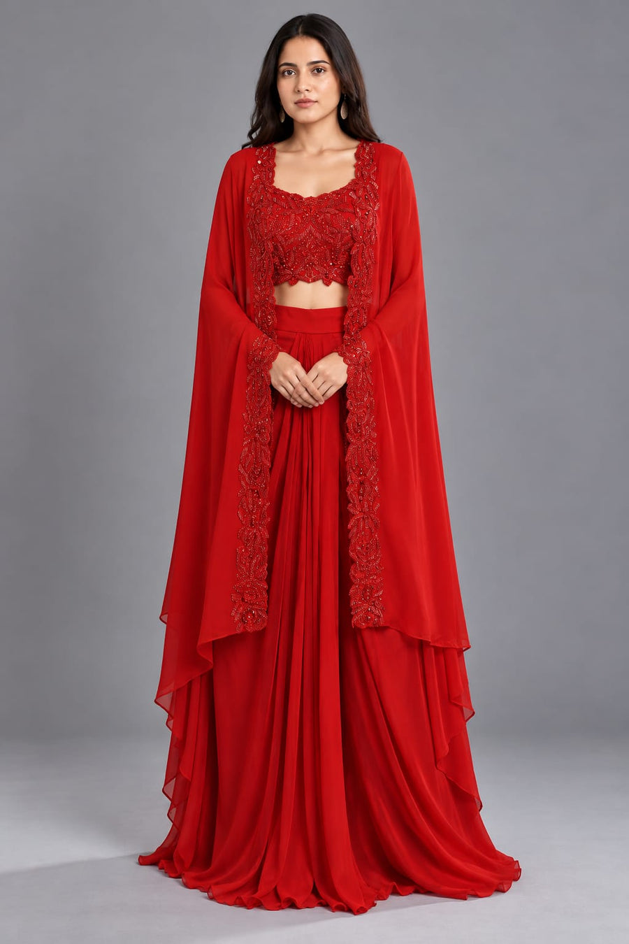 Red Embroidered Dhoti Set with Designer Cape and Crop Top