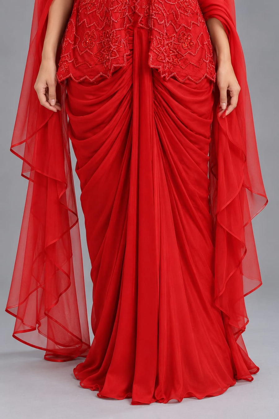 Red Embroidered Dhoti Set with Halter Neck Top & Flowing Drapes