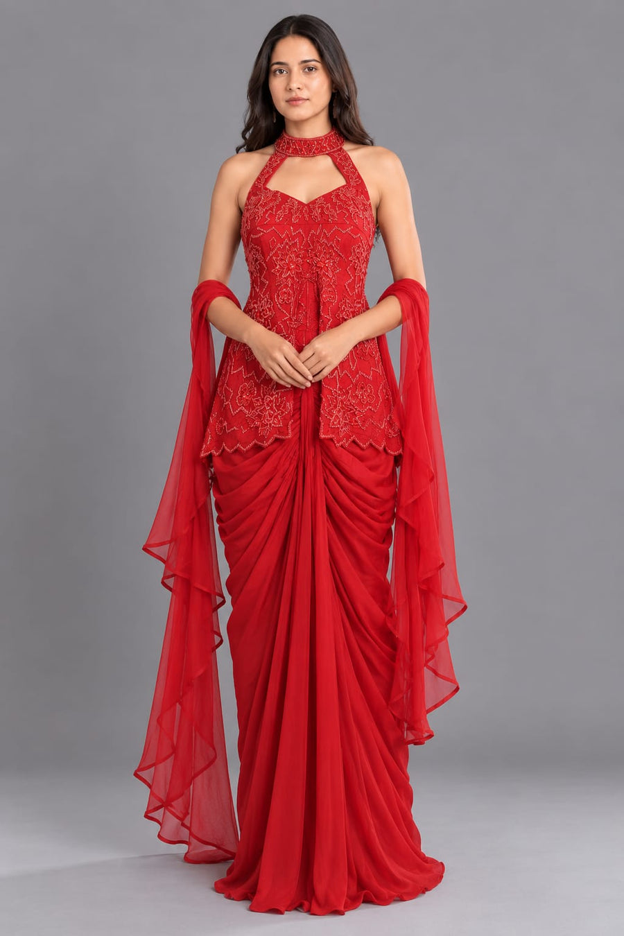 Red Embroidered Dhoti Set with Halter Neck Top & Flowing Drapes