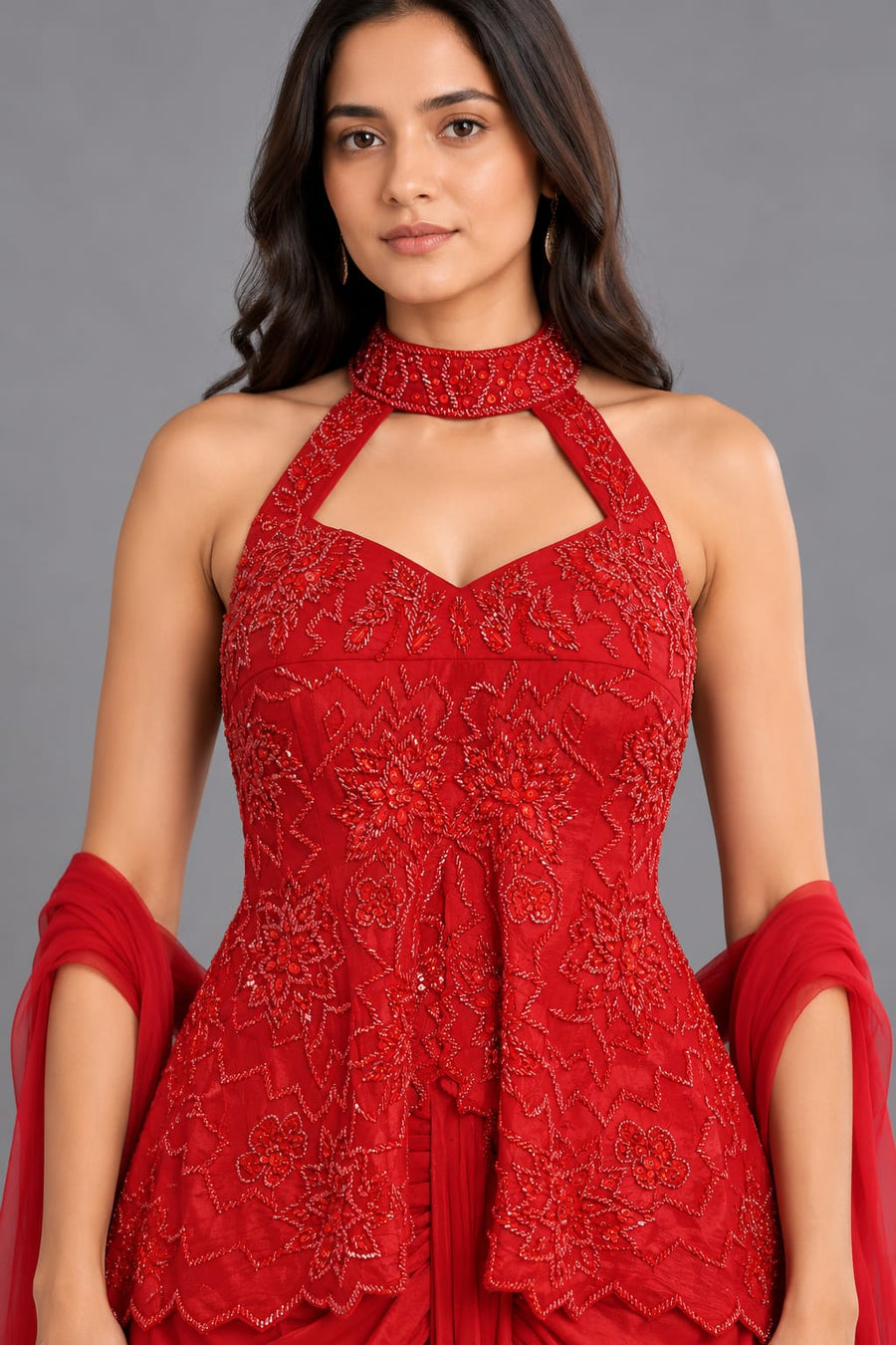Red Embroidered Dhoti Set with Halter Neck Top & Flowing Drapes