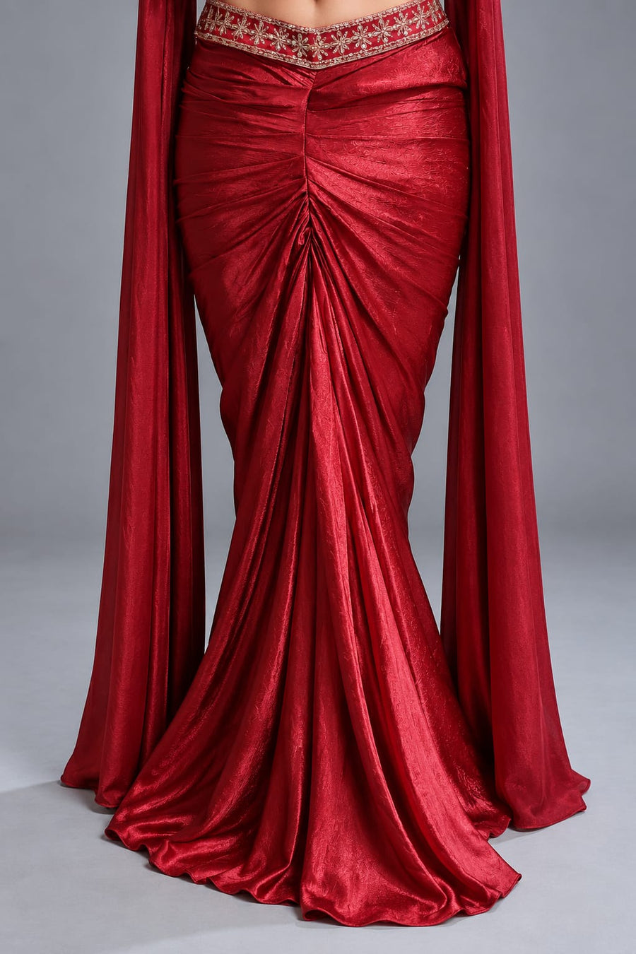 Red Embroidered Dhoti Style Suit with Draped Cape for Women