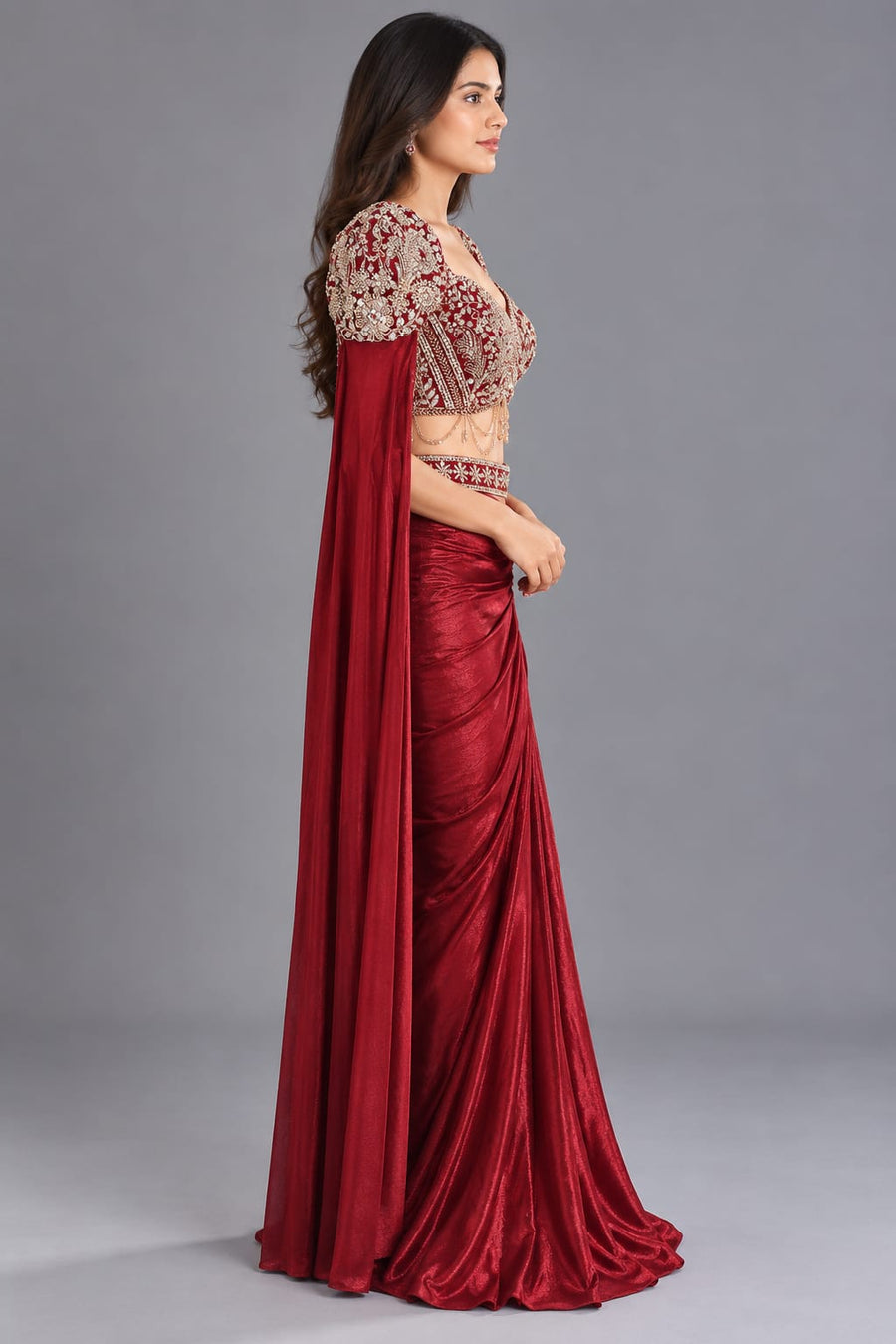 Red Embroidered Dhoti Style Suit with Draped Cape for Women