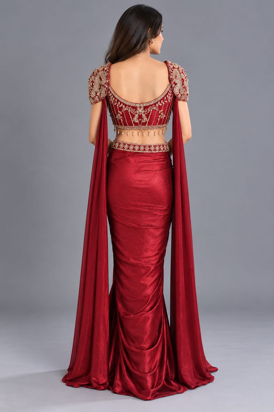 Red Embroidered Dhoti Style Suit with Draped Cape for Women