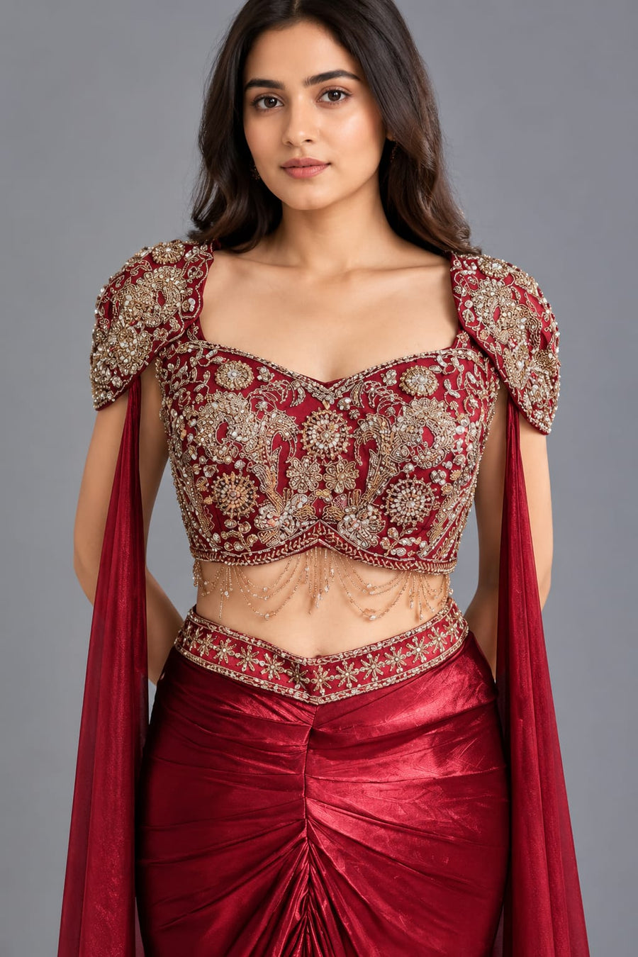 Red Embroidered Dhoti Style Suit with Draped Cape for Women