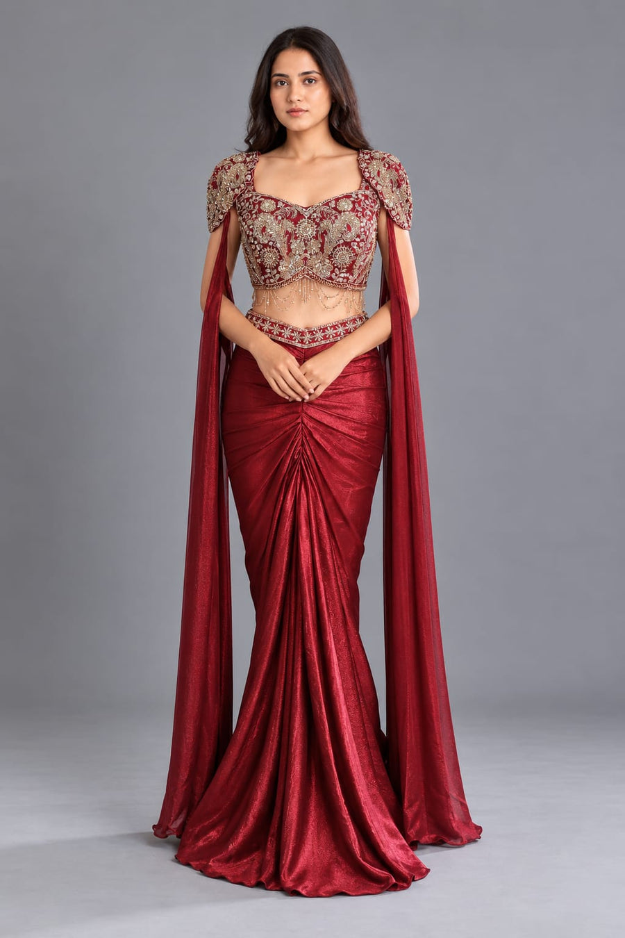 Red Embroidered Dhoti Style Suit with Draped Cape for Women