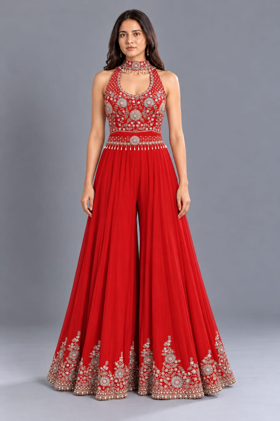 Red Embroidered Jumpsuit with Halter Neck & Wide Leg Palazzo