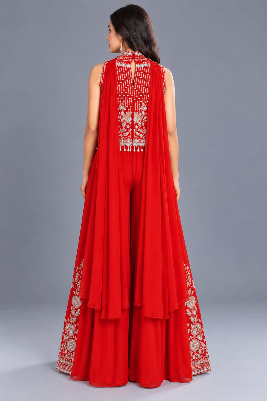Red Embroidered Jumpsuit with Halter Neck & Wide Leg Palazzo