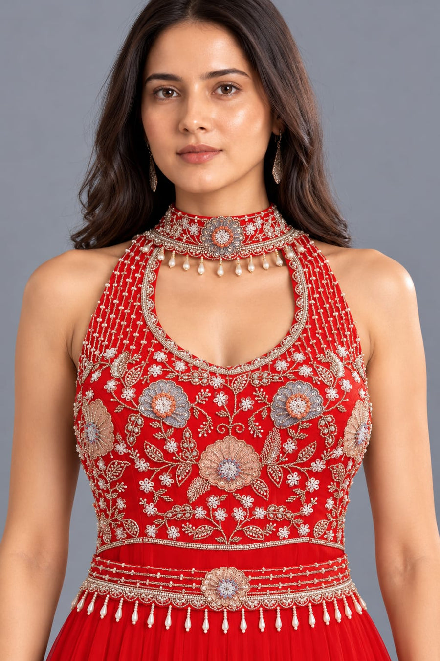 Red Embroidered Jumpsuit with Halter Neck & Wide Leg Palazzo