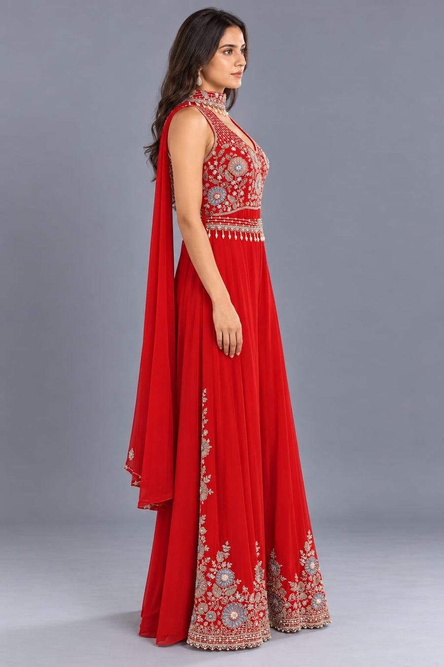 Red Embroidered Jumpsuit with Halter Neck & Wide Leg Palazzo