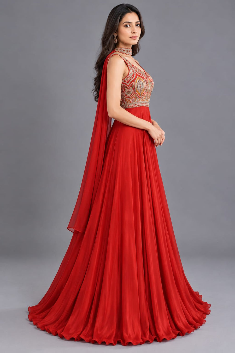 Red Embroidered One Piece Gown with Choker Dupatta and Flared Skirt