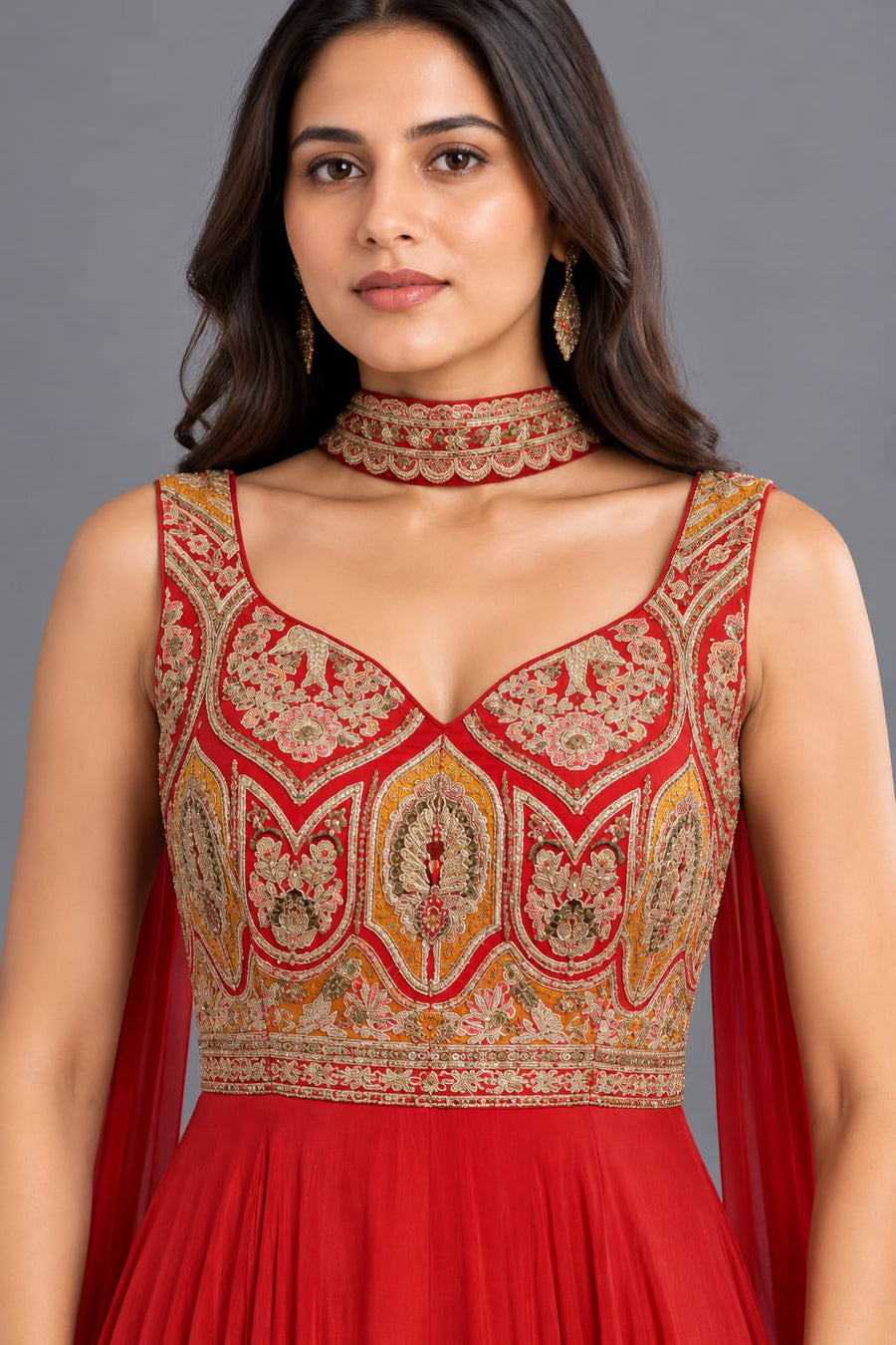 Red Embroidered One Piece Gown with Choker Dupatta and Flared Skirt