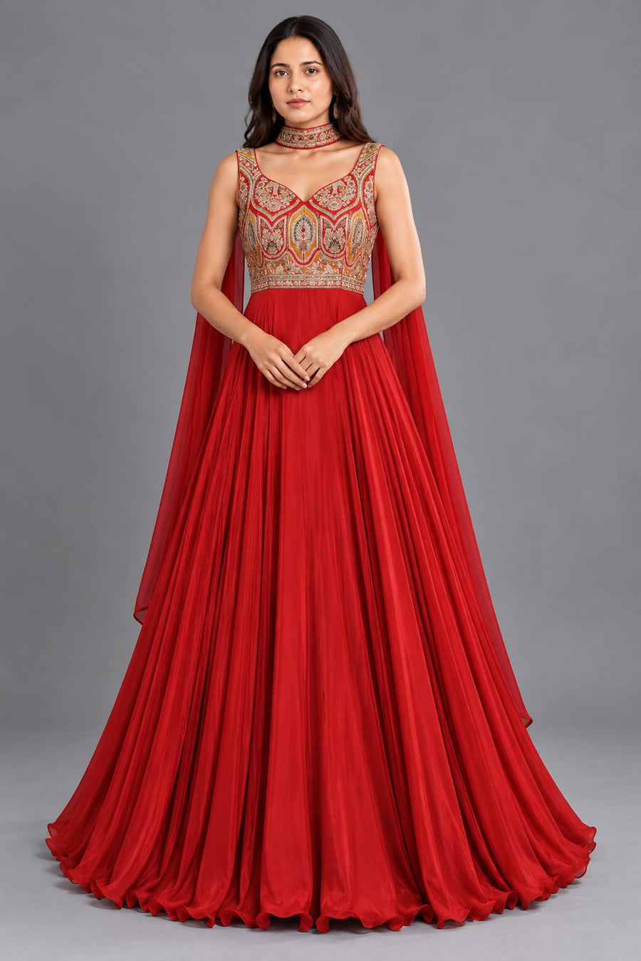 Red Embroidered One Piece Gown with Choker Dupatta and Flared Skirt