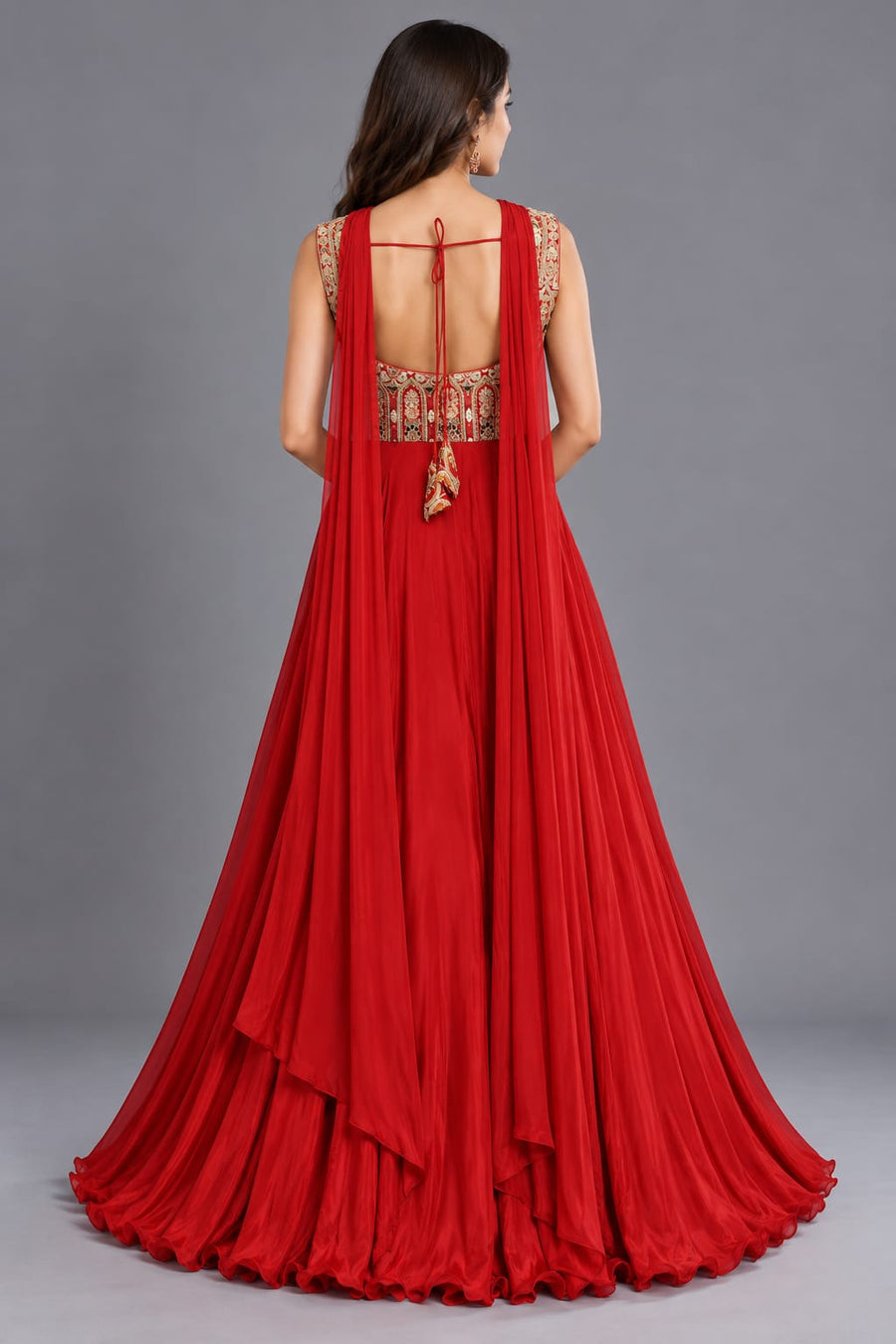 Red Embroidered One Piece Gown with Choker Dupatta and Flared Skirt