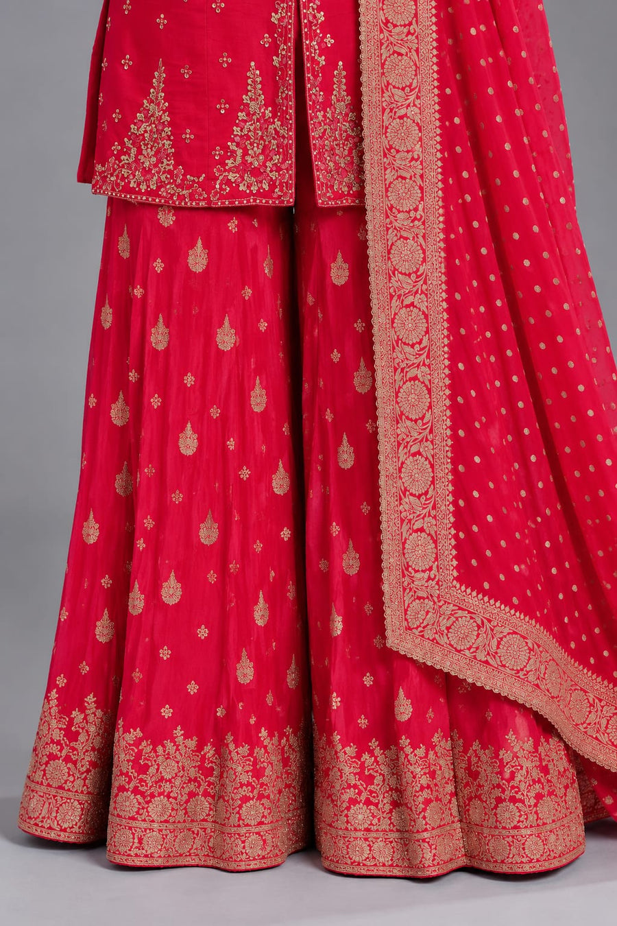 Red Embroidered Sharara Suit with Gold Work and Dupatta