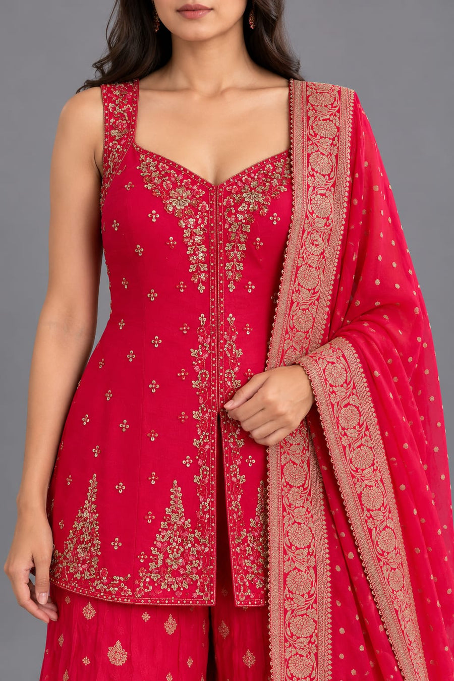 Red Embroidered Sharara Suit with Gold Work and Dupatta