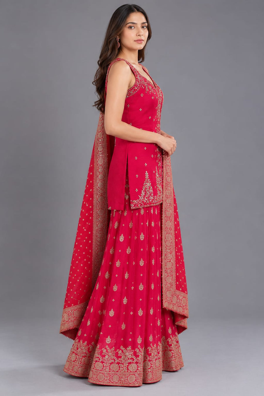 Red Embroidered Sharara Suit with Gold Work and Dupatta