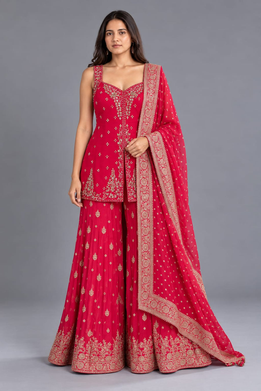 Red Embroidered Sharara Suit with Gold Work and Dupatta